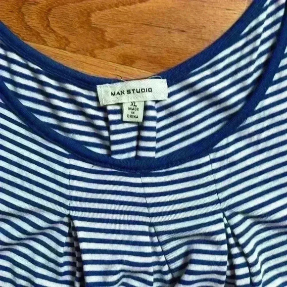 Max Studio Blue, White and Green Striped Knee Length On Off Shoulder Dress - Picture 2 of 5